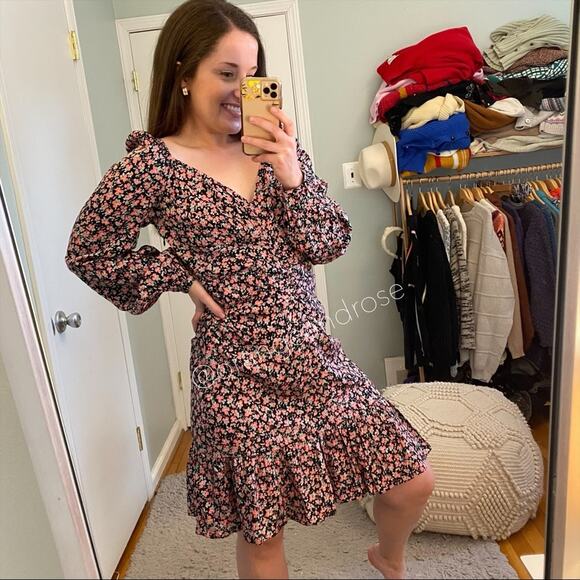 NWT byTiMo Black Pink Viscose Floral Puff Long Sleeve Mini Dress Ditsy Large L - Picture 2 of 14